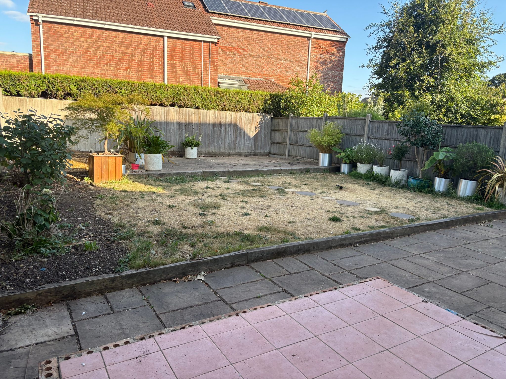 Before: looking up the garden from the pink tiled platform over the slab patio, old sleeper edge and dried-out lawn.