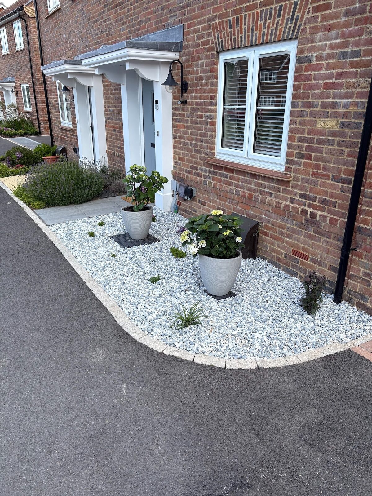 The finished front garden: a silver-gravel bed edged in a curved sett course, planted with lavender, grasses and potted standards either side of the door.